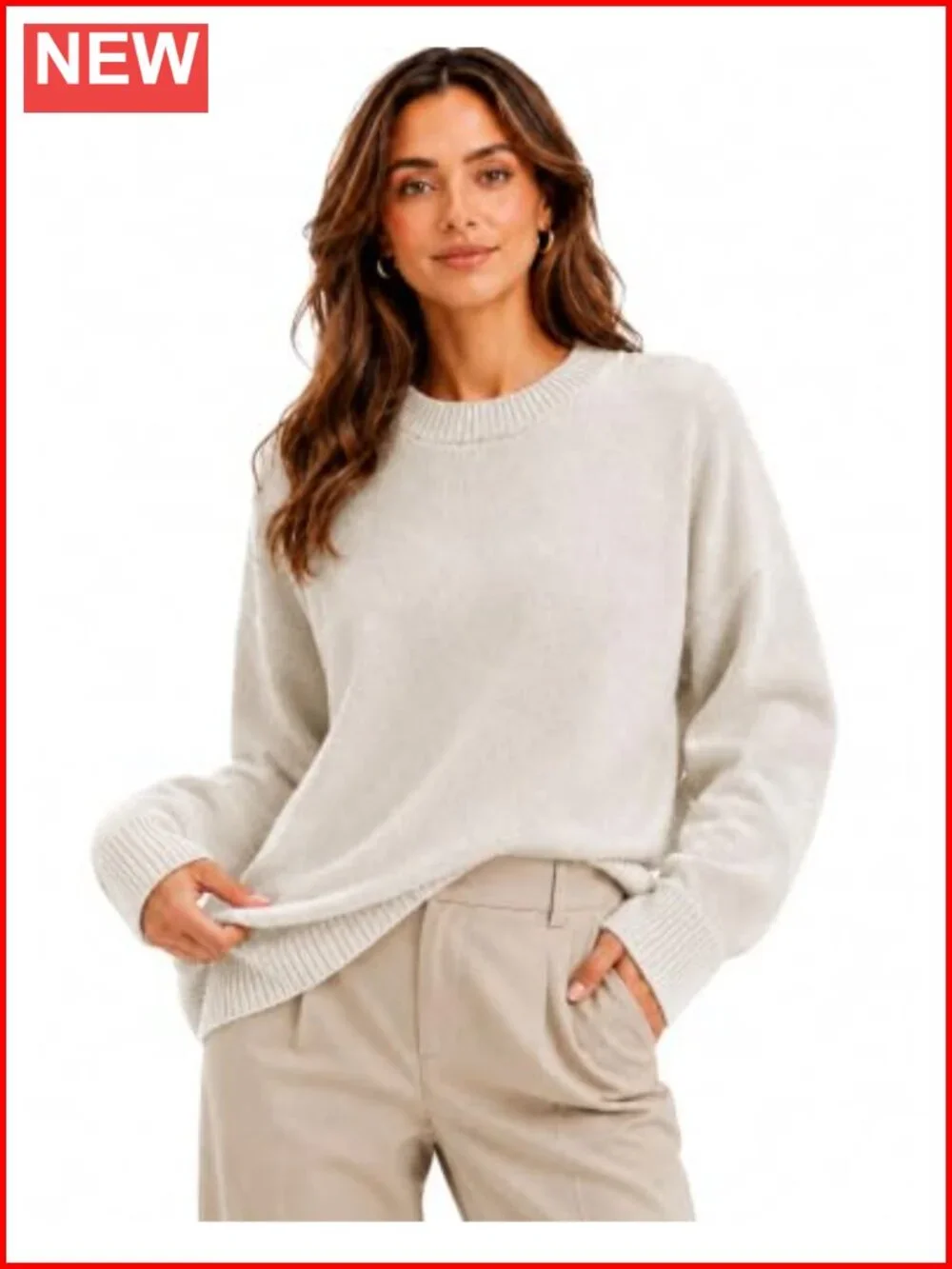 Oversized Cashmere Crewneck Pullover Sweater Women Loose Fit